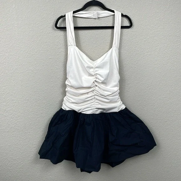 NWT Maeve Halter Twofer Mini Dress Anthro Black White Puffy Bubble Sz L - Picture 6 of 16